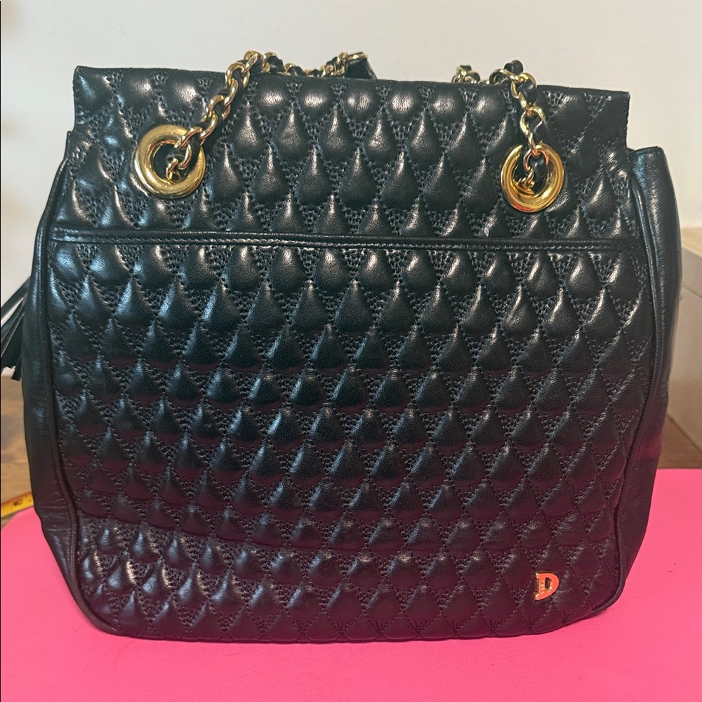 Designer Quilted Black Leather Shoulder Bag with Gold Chain